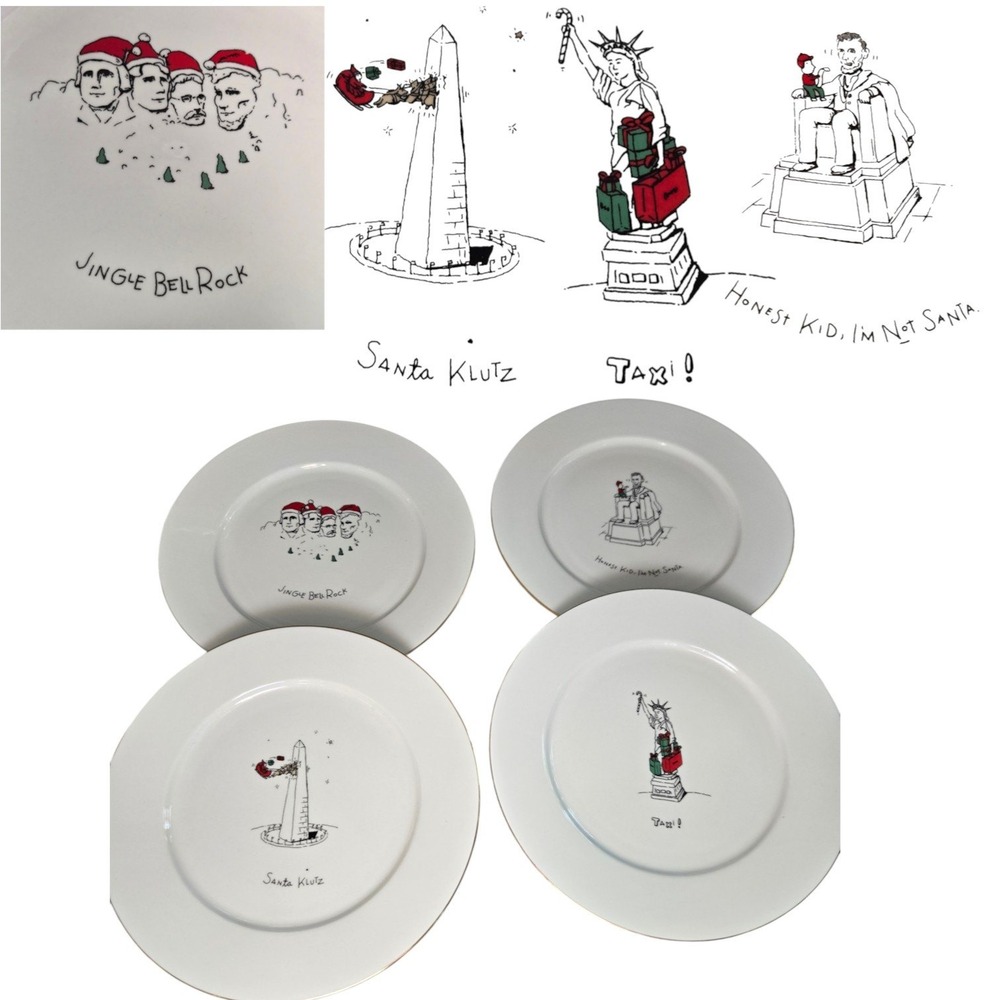 Set 4 Merry Masterpieces Dinner Plates 10.5" Funny Christmas Landmark History